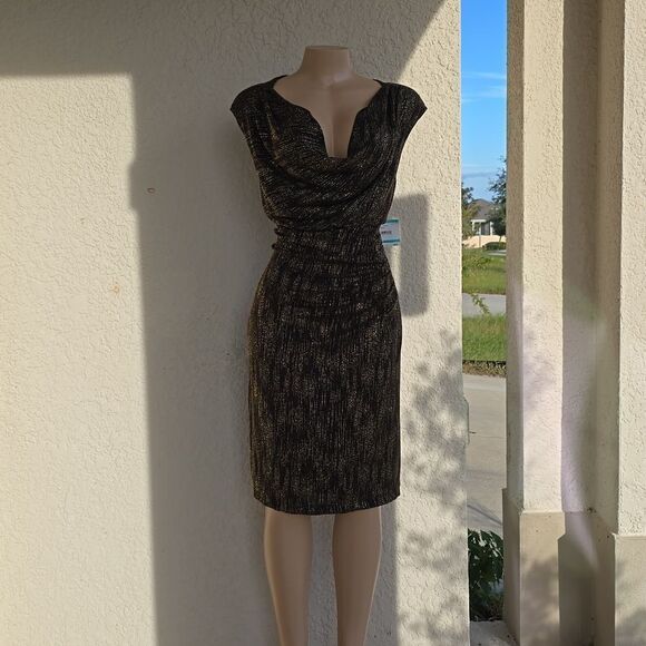 BRAND NEW ANNE KLEIN DRAPERS NECK SEQUINS EMBELLISHED KNEE-LENGTH DRESS - Picture 2 of 12